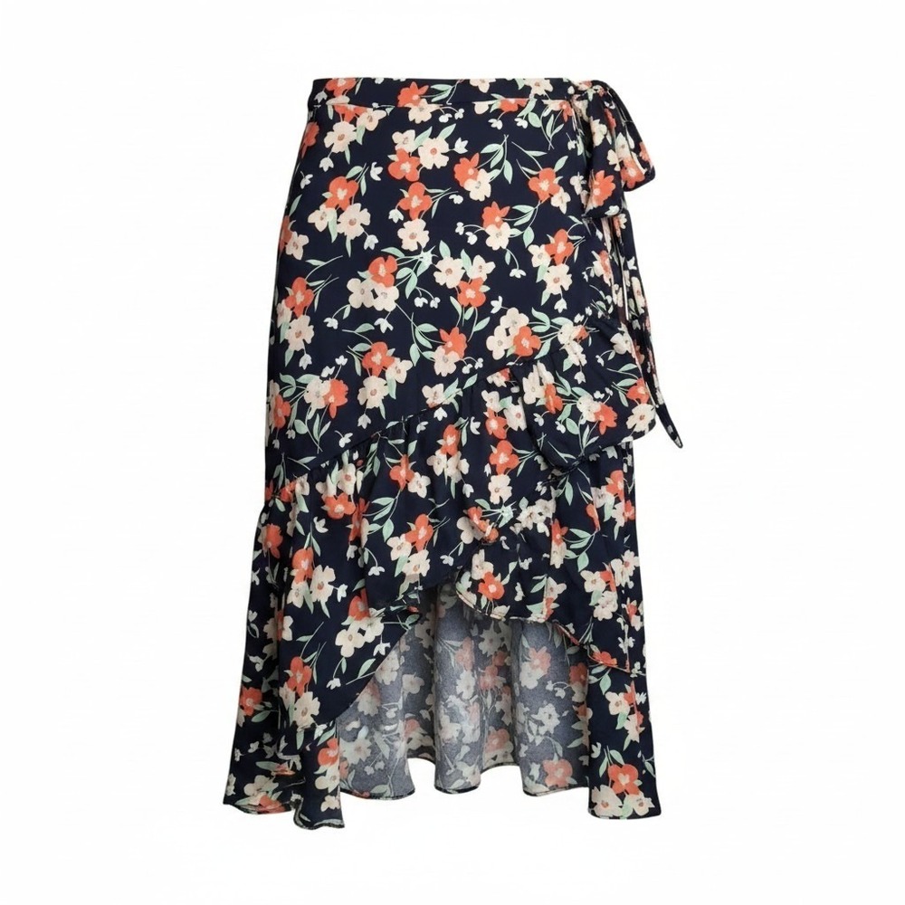 Gap Navy Blue Floral Ruffle High Low Wrap Midi Skirt Large Tie Waist Boho